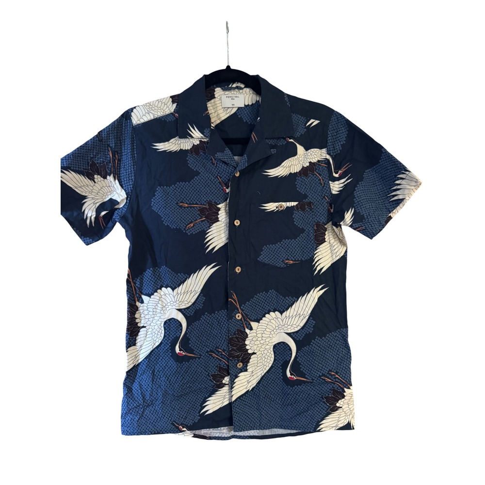 Percival Mens Cuban Shirt XS Navy Blue Cotton Crane Japanese Print Short Sleeve